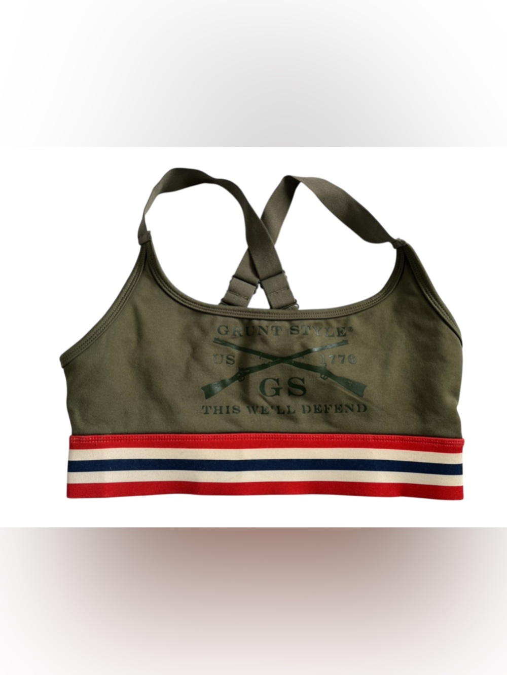 Grunt Style Olive Green Sports Bra with Red, White & Navy Stripe